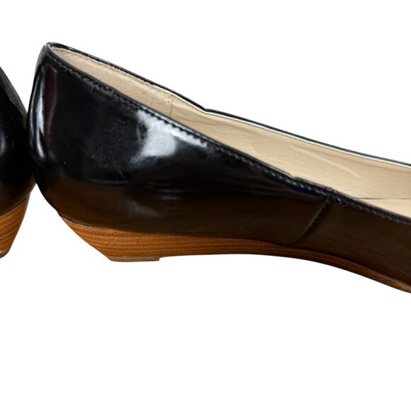 Steve Madden Open Toe Peep Patent Leather Black Stacked Wedge Shoes Pumps sz 8 - Picture 3 of 16